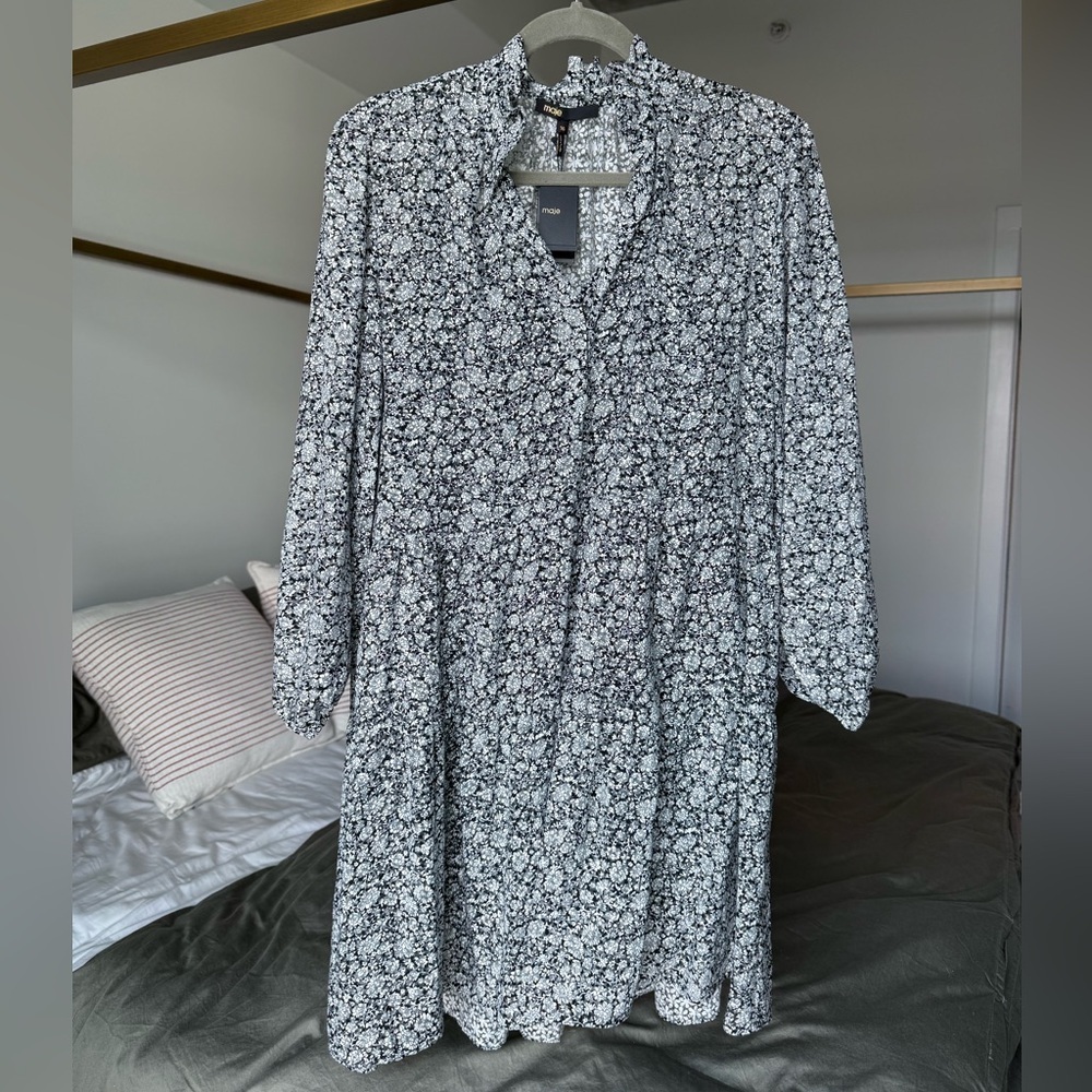 NWT Maje Rilanaise Black White Floral Balloon Sleeve Dress Sz 36 S M Feminine